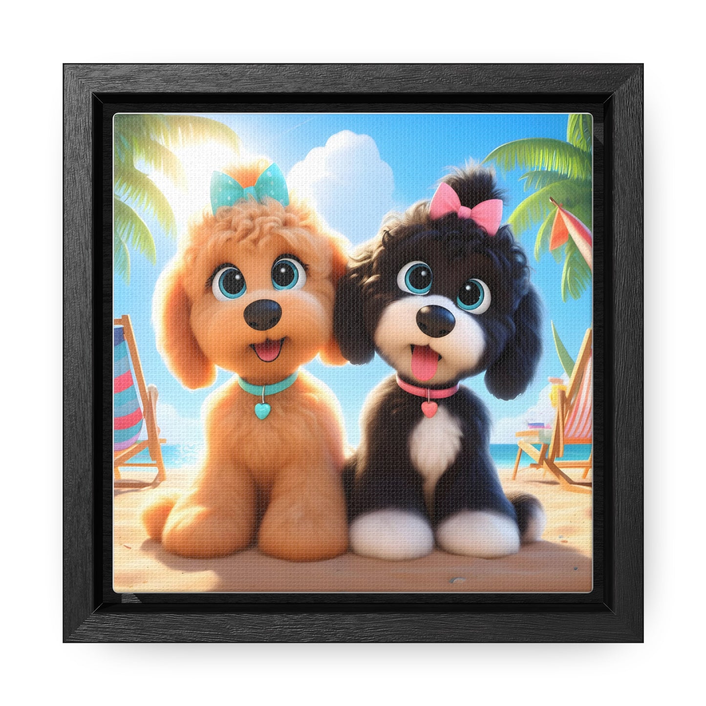 Doodle Puppies on Beach, Cartoon Inspired - Wooden Gallery Canvas Pictures - Square Frame - Nice!