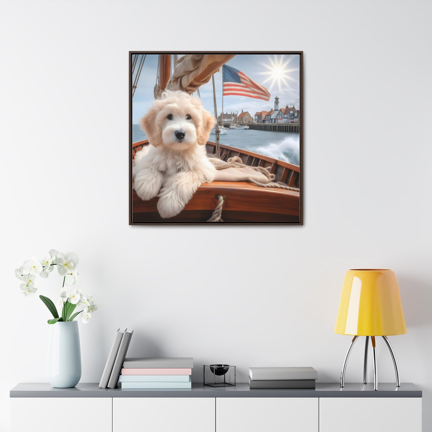 White Doodle on Sailboat - Wooden Gallery Canvas Picture - Square Frame - Nice!