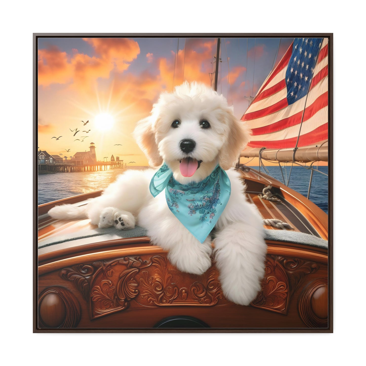 White Doodle on Sailboat at Sunset - Wooden Gallery Canvas Picture - Square Frame - Nice!