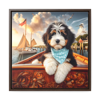 Bernedoodle on Sailboat - Wooden Gallery Canvas Picture - Square Frame - Nice!