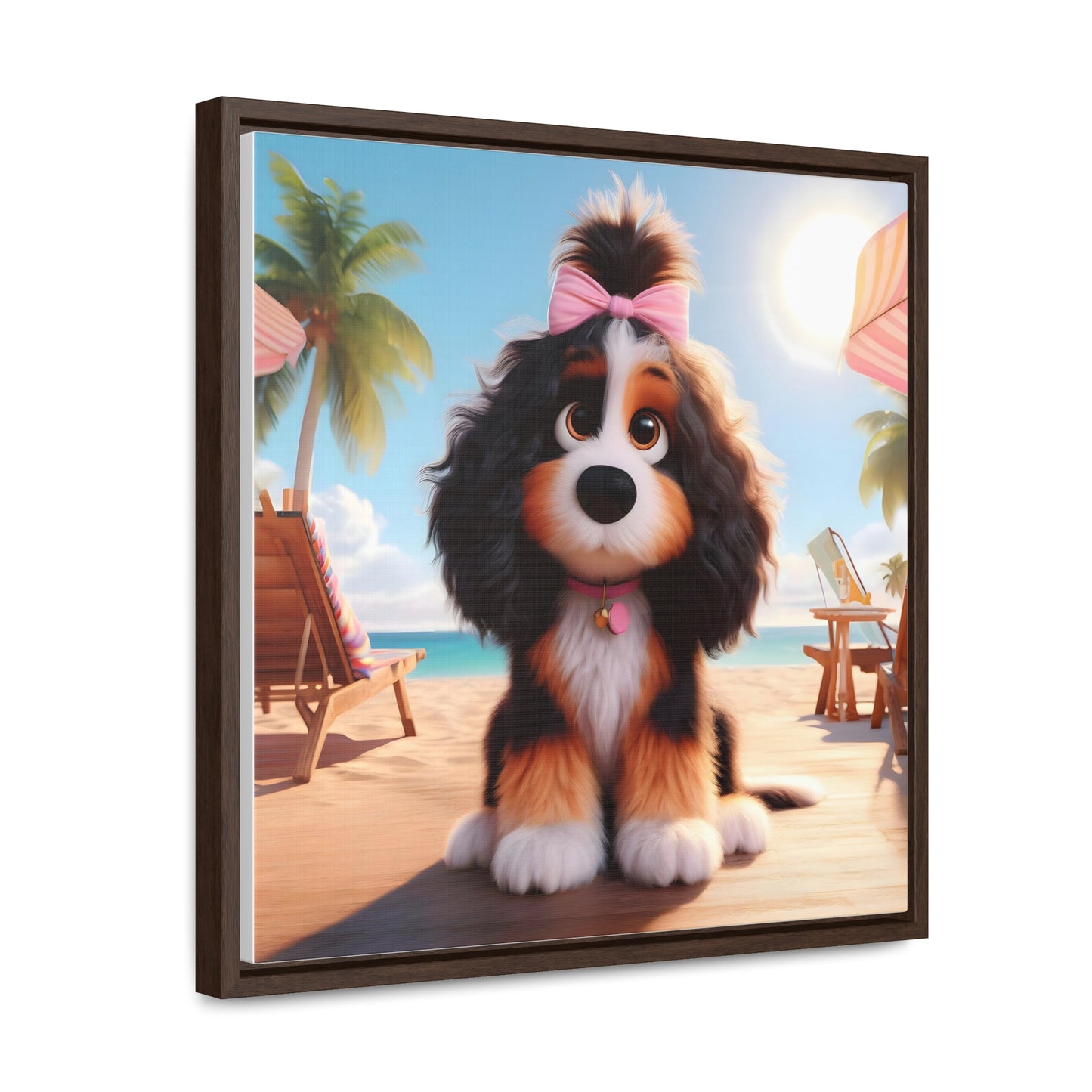 Bernedoodle Puppy, Cartoon Inspired - Wooden Gallery Canvas Picture - Square Frame - Nice!