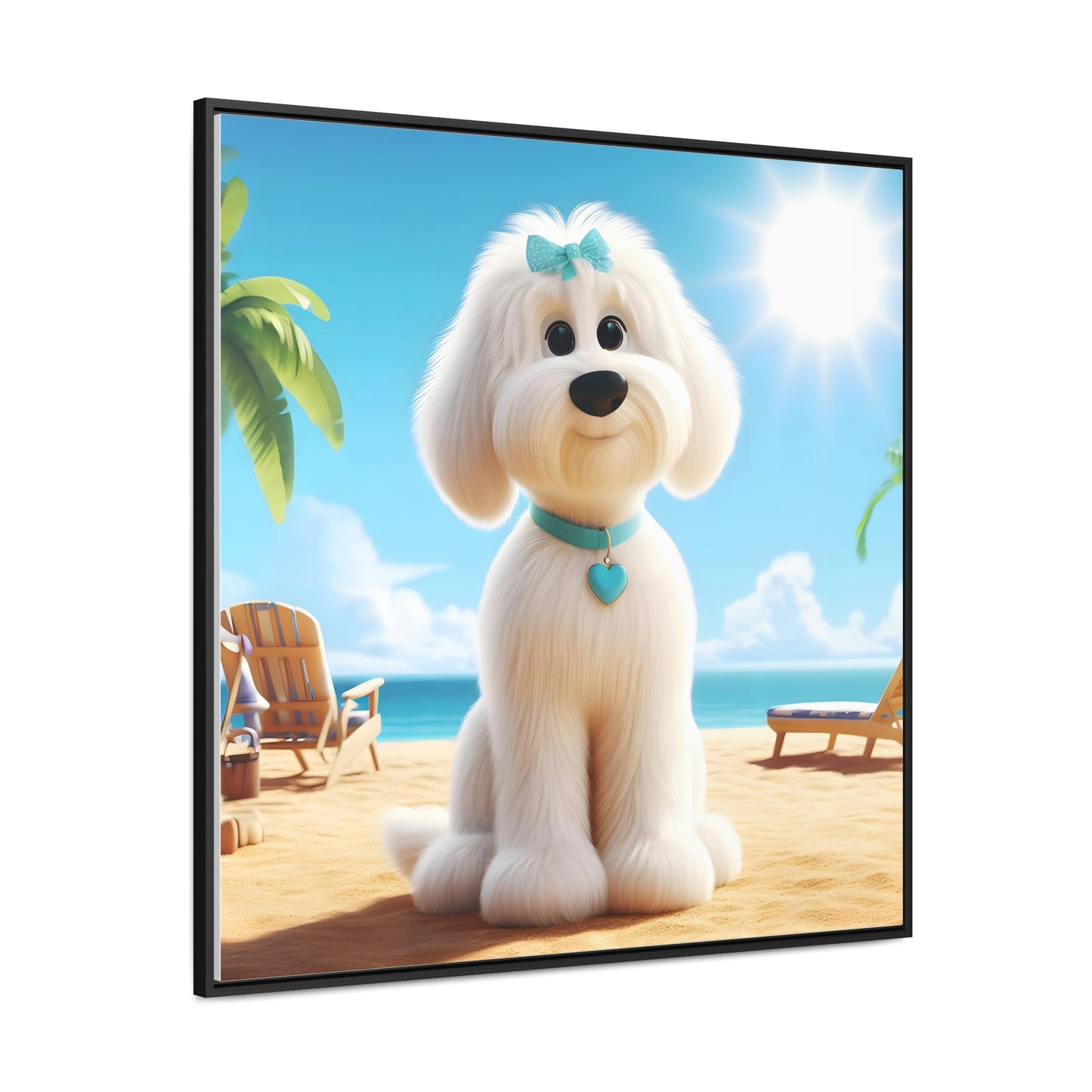 White Doodle Puppy Cartoon Inspired - Wooden Gallery Canvas - Square Frame - Nice!