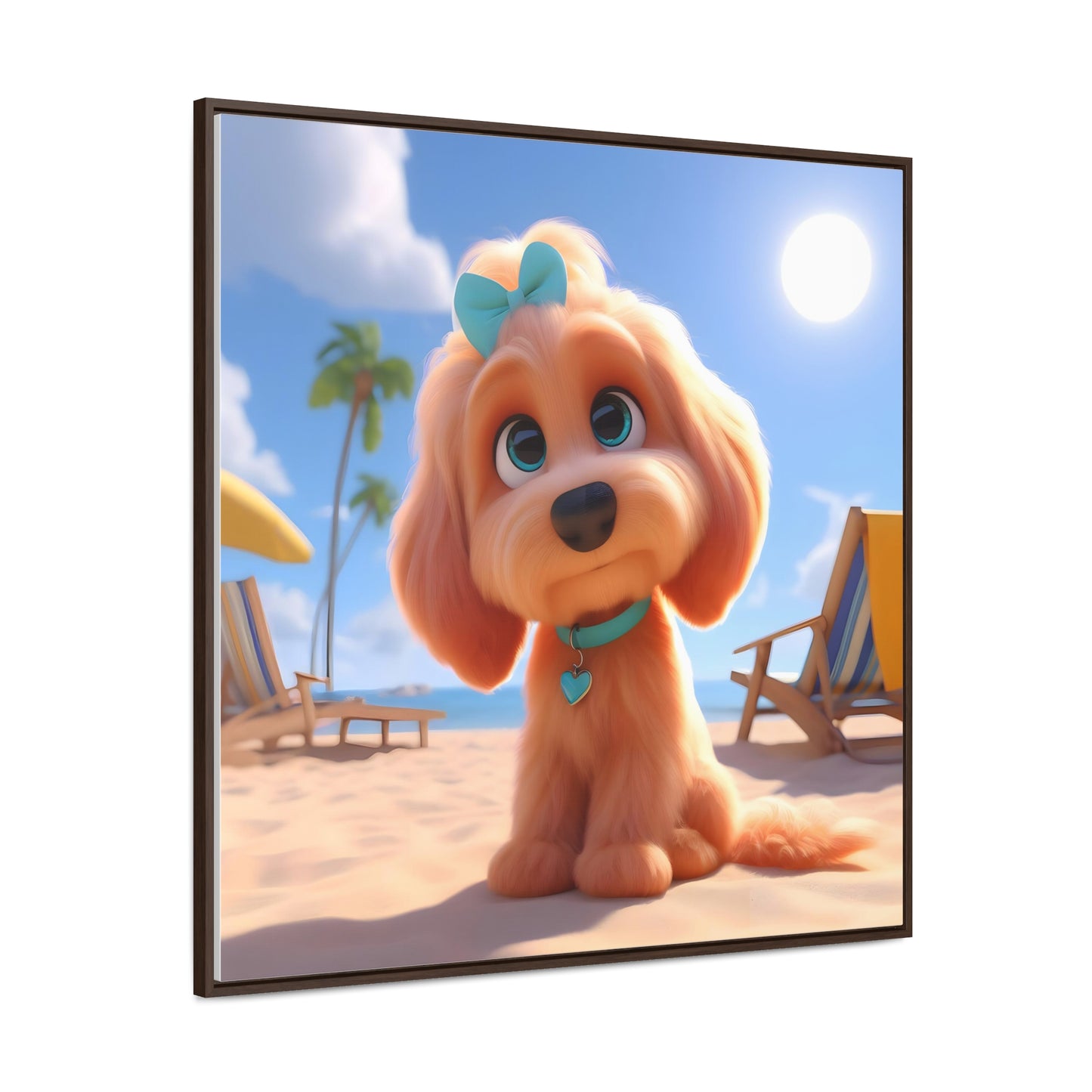 Doodle Cartoon Inspired Puppy w/Blue Collar & Bow - Wooden Gallery Canvas Picture - Square Frame - Nice!