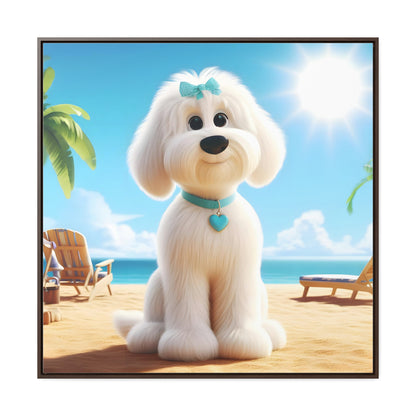 White Doodle Puppy Cartoon Inspired - Wooden Gallery Canvas - Square Frame - Nice!