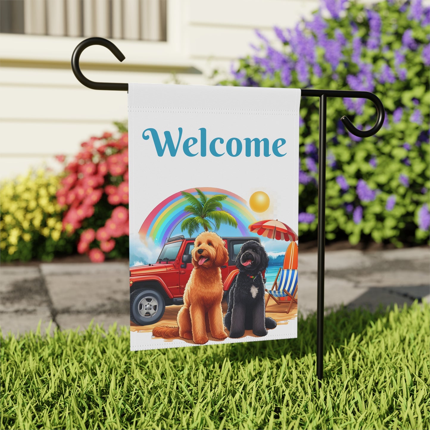 Welcome Beach Jeep Doodle Garden Flag & House Banner