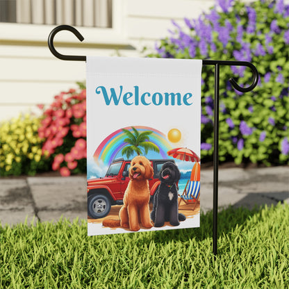 Welcome Beach Jeep Doodle Garden Flag & House Banner