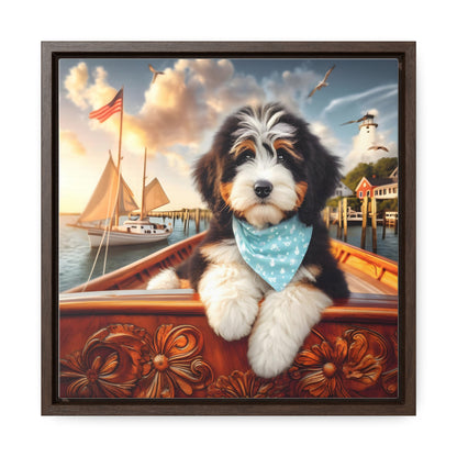 Bernedoodle on Sailboat - Wooden Gallery Canvas Picture - Square Frame - Nice!