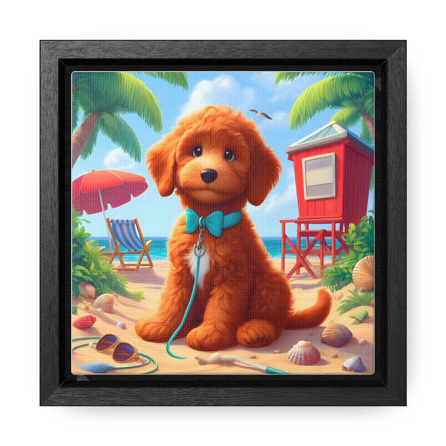 Red Doodle Puppy, Cartoon Inspired - Wooden Gallery Canvas Picture - Square Frame - Nice!