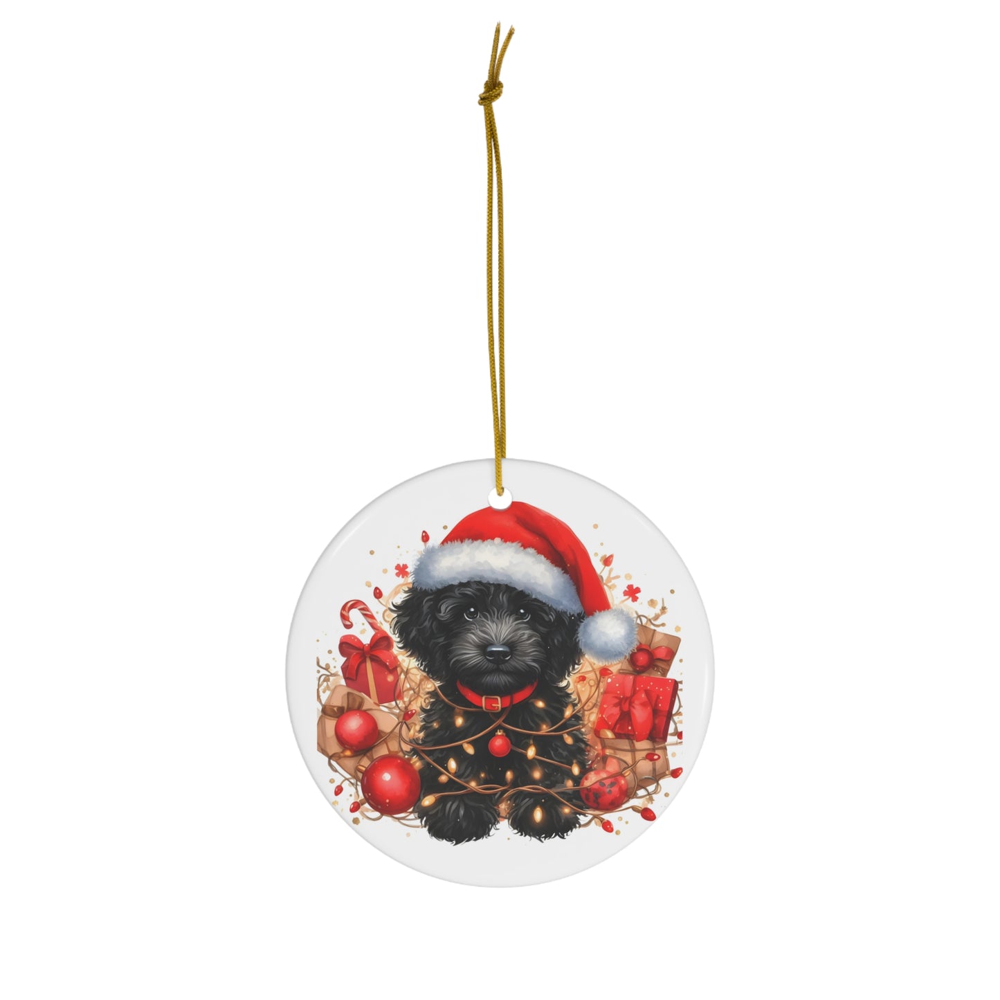 Christmas Black Doodle Puppy Ceramic Ornament