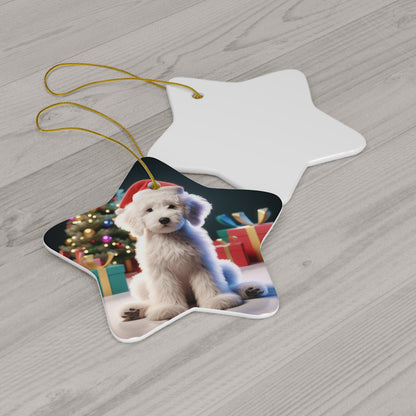 Christmas White Doodle Puppy Ceramic Ornament