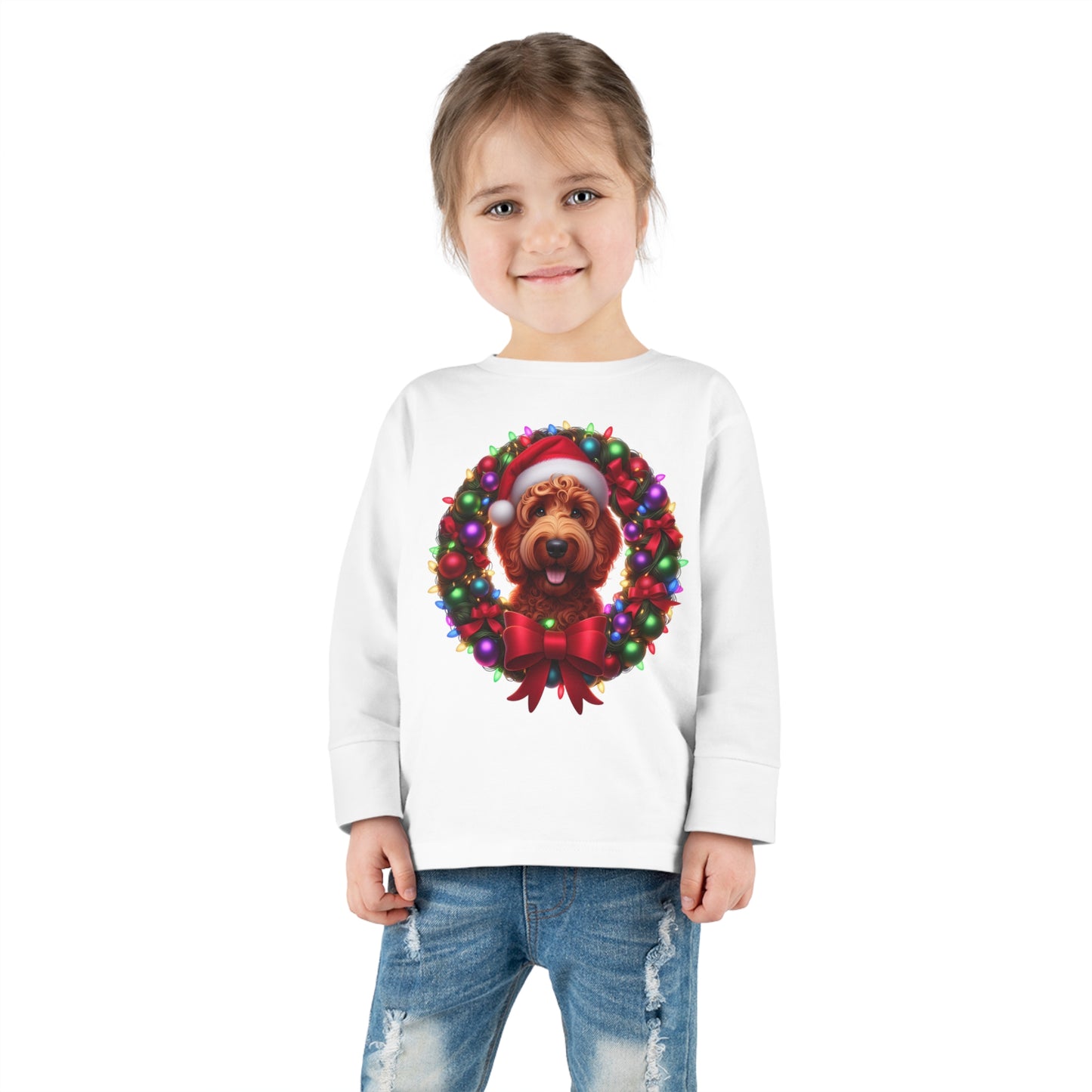 Red Doodle Christmas Wreath - Toddler Long Sleeve T Shirt