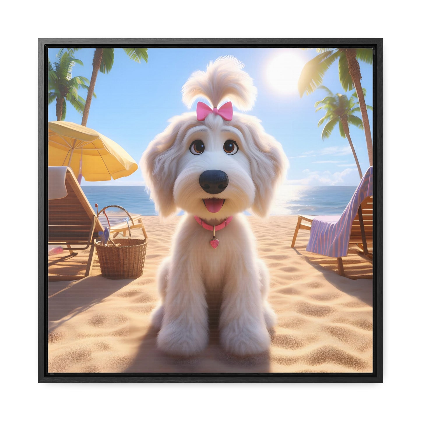 White Doodle Puppy Cartoon Inspired w/Pink Bow - Wooden Gallery Canvas - Square Frame - Nice!