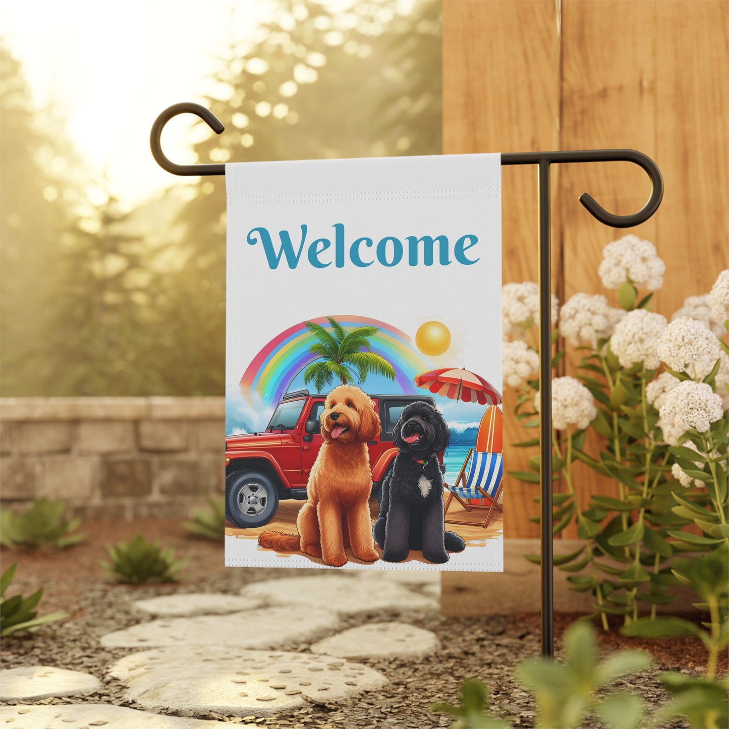 Welcome Beach Jeep Doodle Garden Flag & House Banner