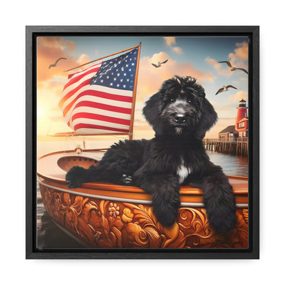 Black Doodle on Sailboat - Wooden Gallery Canvas Picture - Square Frame - Nice!