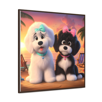 Doodle Puppies on Beach, Cartoon Inspired - Wooden Gallery Canvas Picture - Square Frame - Nice!