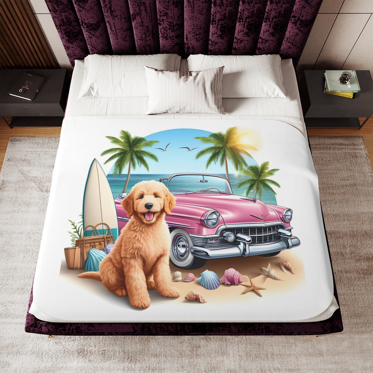 Doodle Pink Antique Car Sherpa Blanket, Two Colors