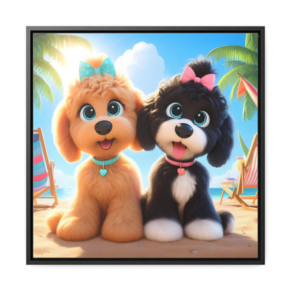 Doodle Puppies on Beach, Cartoon Inspired - Wooden Gallery Canvas Pictures - Square Frame - Nice!