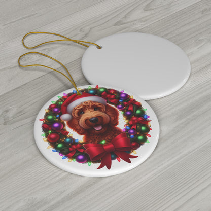 Red Doodle Christmas Wreath - Ceramic Ornament