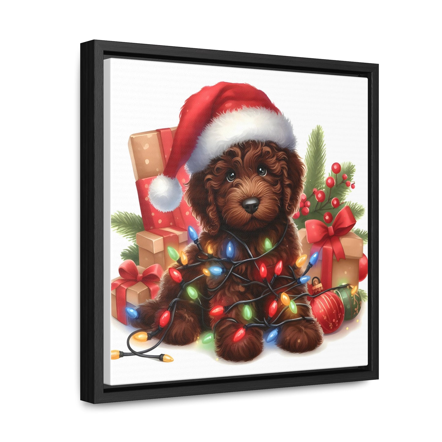 Christmas Lights Chocolate Doodle Puppy - Wooden Gallery Canvas Square Frame - Nice!