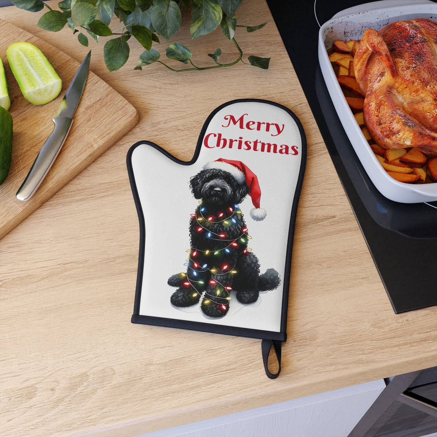 Black Christmas Doodle w/Lights Oven Glove Mitt