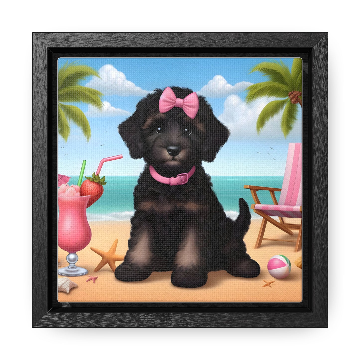 Phantom Doodle on Beach - Wooden Gallery Canvas Picture - Square Frame - Nice!