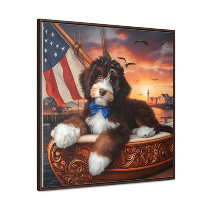 Brown and White Bernedoodle on Sailboat - Wooden Gallery Canvas Picture - Square Frame - Nice!