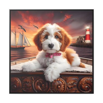 Red and White Doodle on Sailboat at Sunset - Wooden Gallery Canvas Picture - Square Frame - Nice!