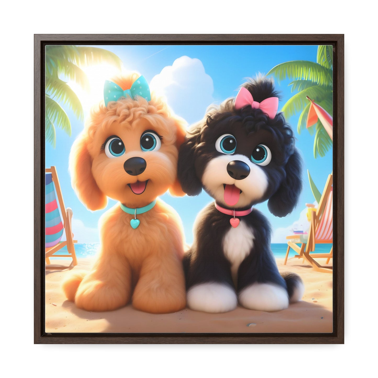 Doodle Puppies on Beach, Cartoon Inspired - Wooden Gallery Canvas Pictures - Square Frame - Nice!