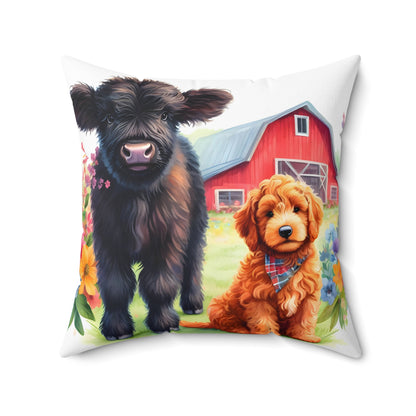 Scottish Highland Cow Doodle Spun Polyester Square Pillow