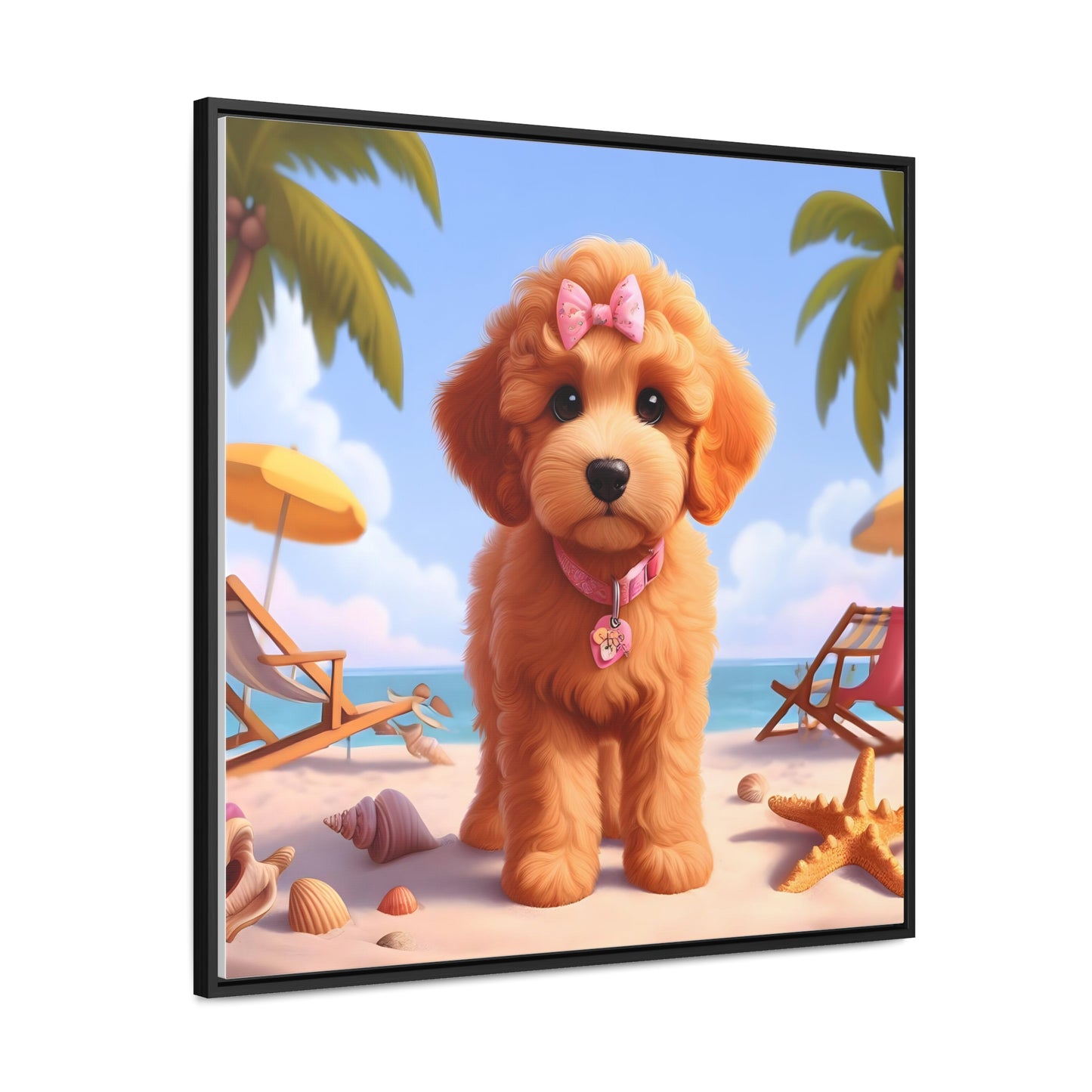 Doodle Puppy on Beach Pink Collar and Bow - Wooden Gallery Canvas Picture - Square Frame - Nice!