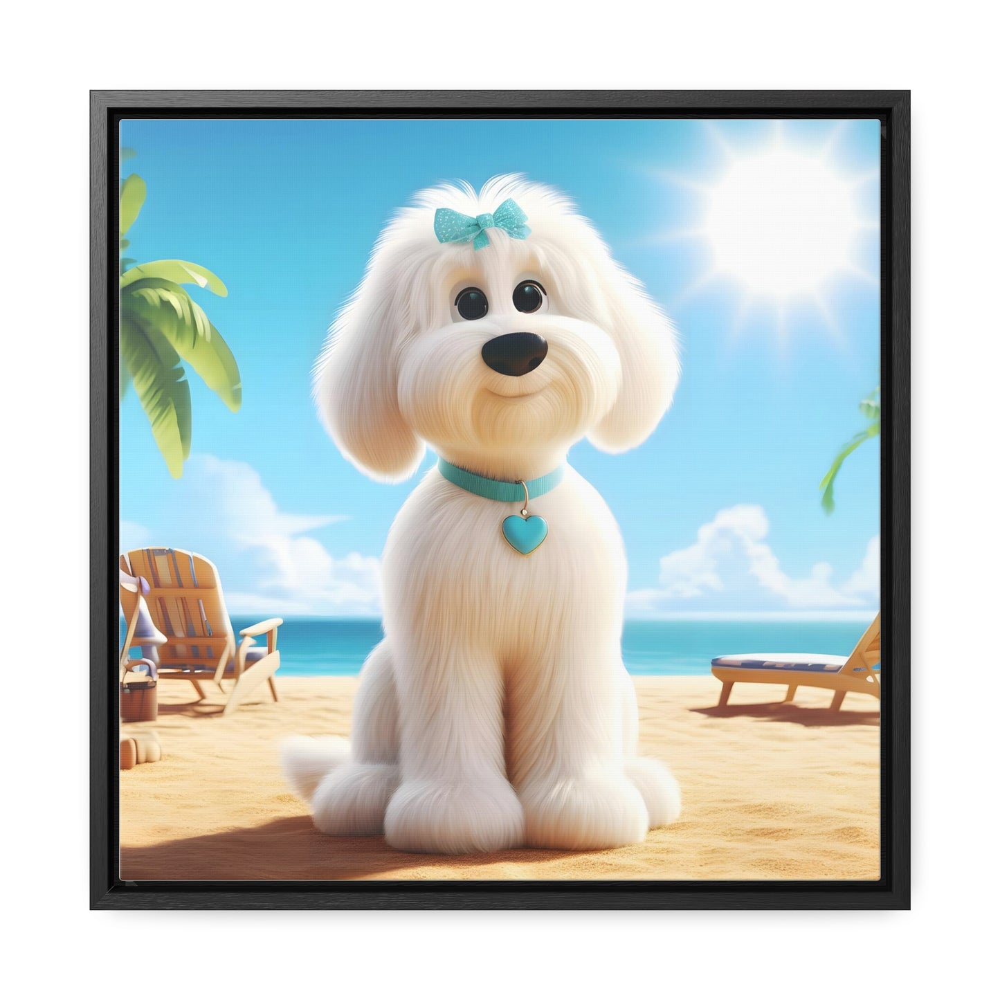 White Doodle Puppy Cartoon Inspired - Wooden Gallery Canvas - Square Frame - Nice!