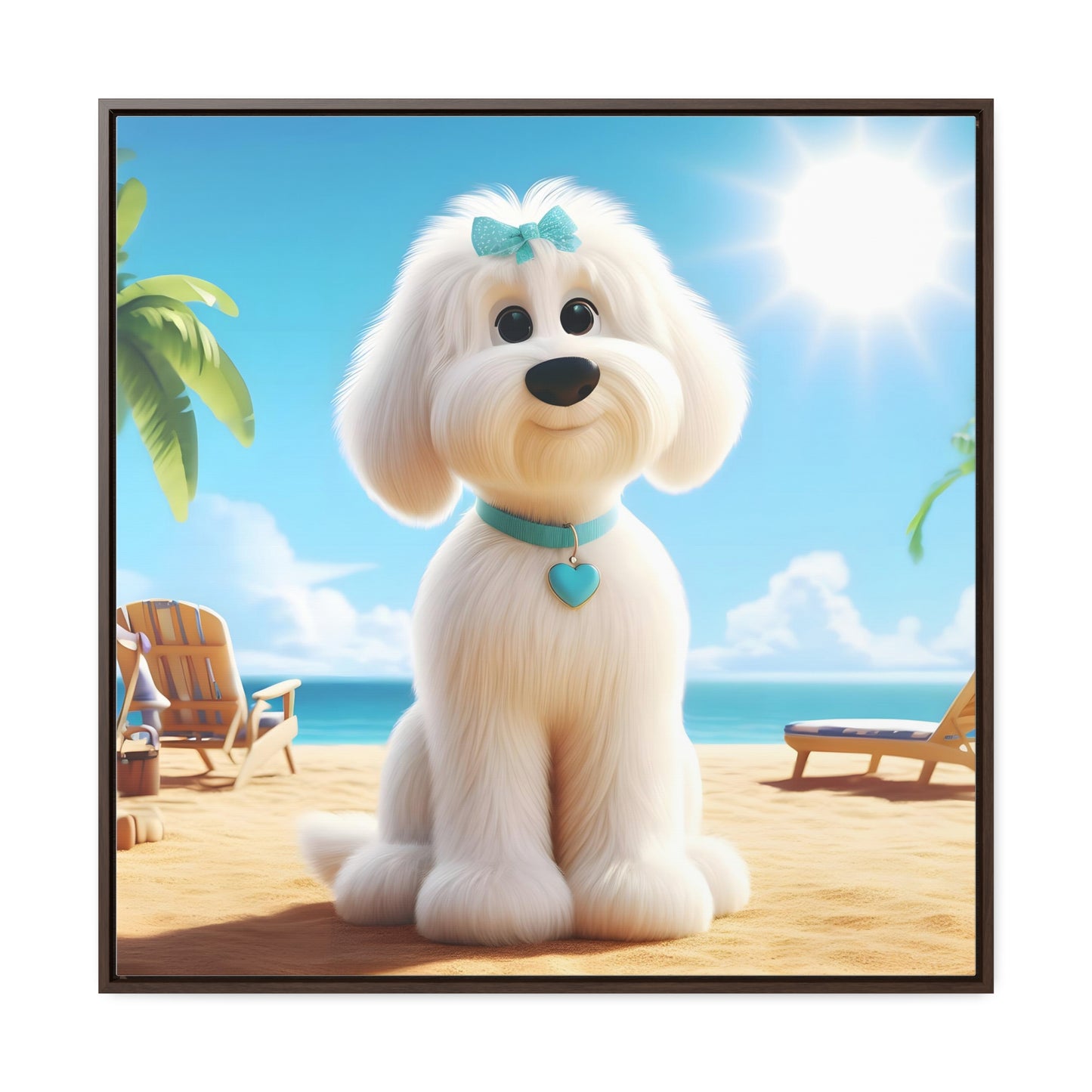 White Doodle Puppy Cartoon Inspired - Wooden Gallery Canvas - Square Frame - Nice!