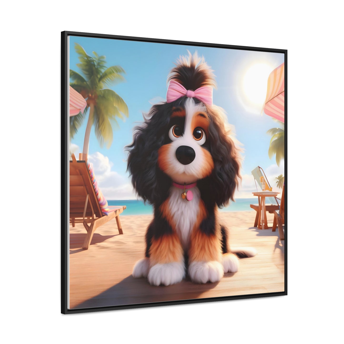 Bernedoodle Puppy, Cartoon Inspired - Wooden Gallery Canvas Picture - Square Frame - Nice!