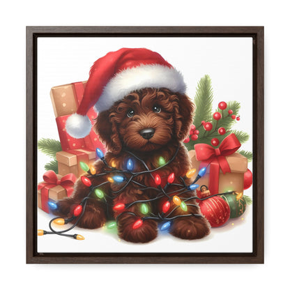 Christmas Lights Chocolate Doodle Puppy - Wooden Gallery Canvas Square Frame - Nice!