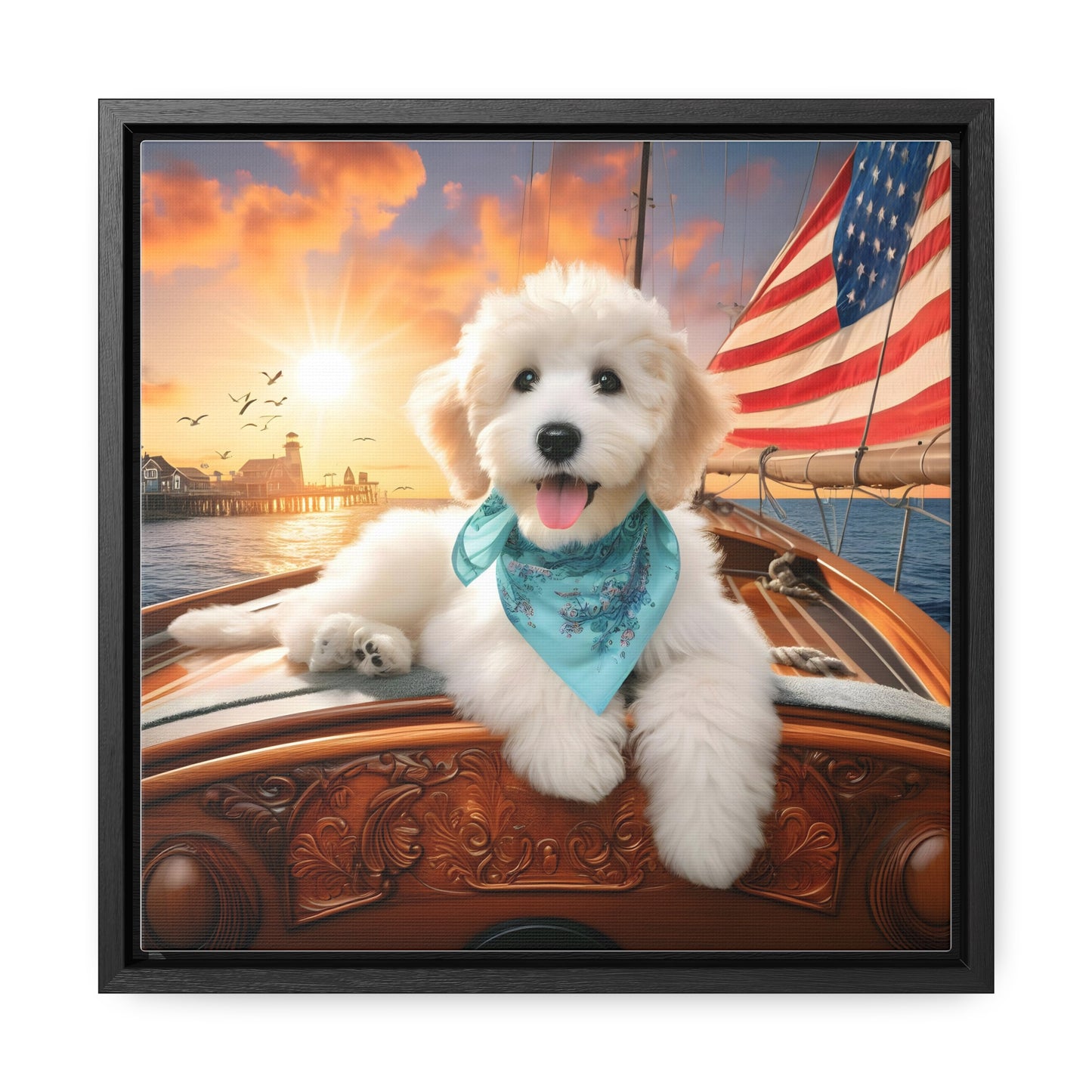 White Doodle on Sailboat at Sunset - Wooden Gallery Canvas Picture - Square Frame - Nice!