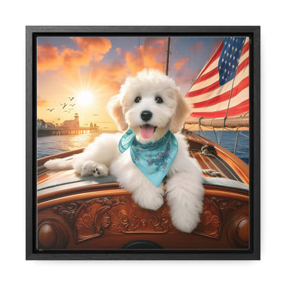 White Doodle on Sailboat at Sunset - Wooden Gallery Canvas Picture - Square Frame - Nice!