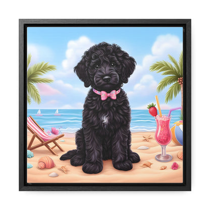 Black Doodle Puppy Cartoon Inspired - Wooden Gallery Canvas Picture - Square Frame - Nice!