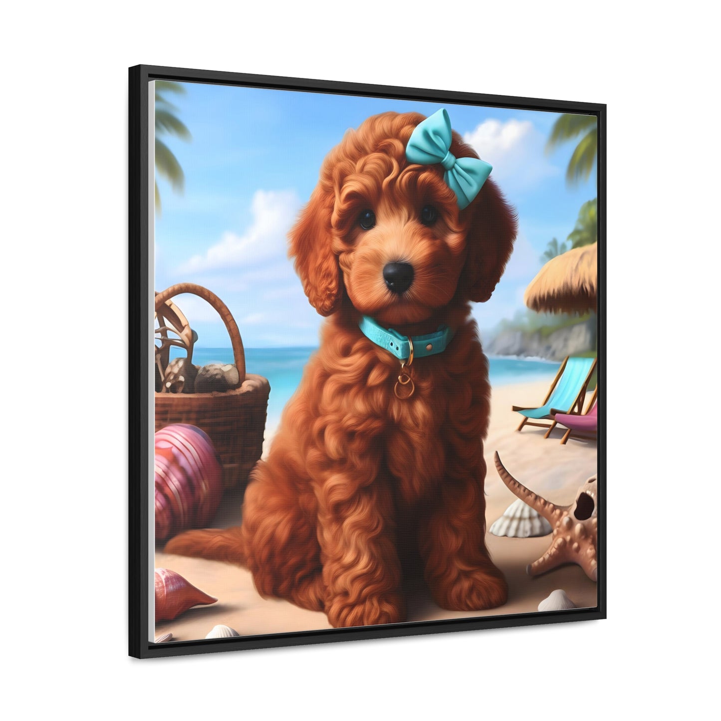 Red Doodle Puppy on Beach - Wooden Gallery Canvas Picture - Square Frame - Nice!