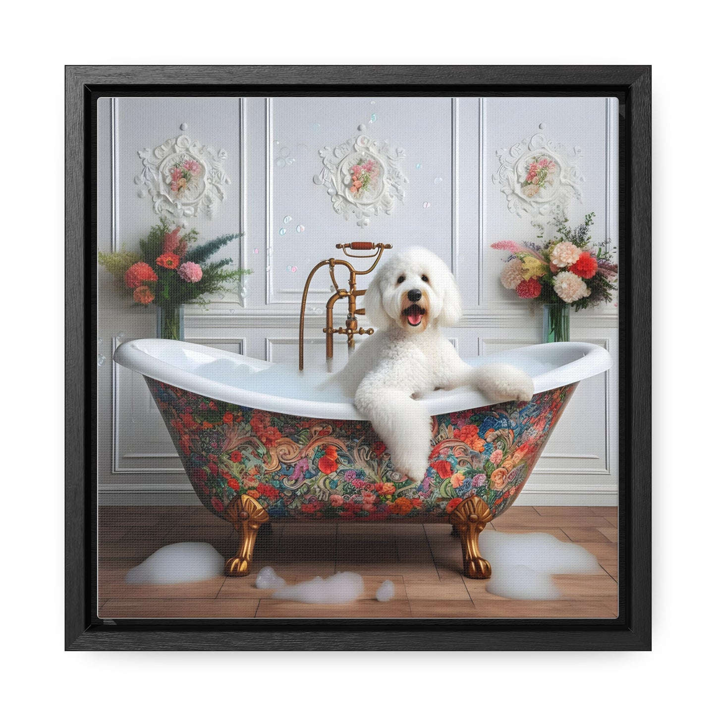 White Doodle Antique Tub Gallery Canvas Picture - Wooden Square Frame - Nice!