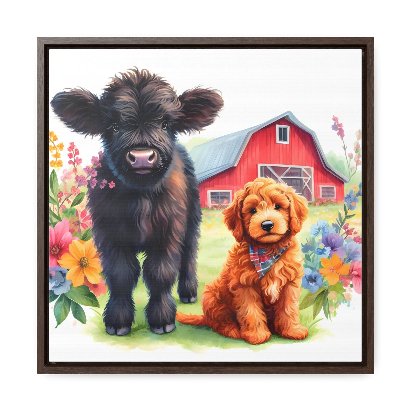 Scottish Highland Cow Doodle Gallery Canvas Picture Square Wood Frame - Nice!