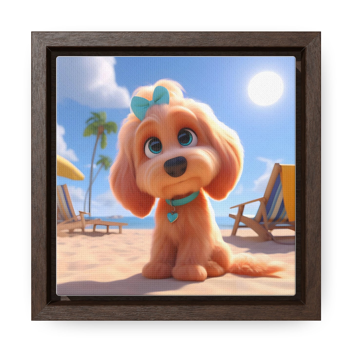 Doodle Cartoon Inspired Puppy w/Blue Collar & Bow - Wooden Gallery Canvas Picture - Square Frame - Nice!