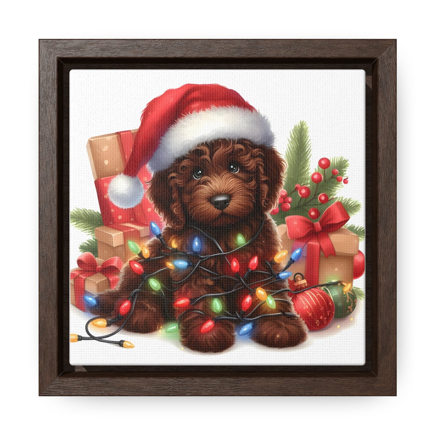 Christmas Lights Chocolate Doodle Puppy - Wooden Gallery Canvas Square Frame - Nice!