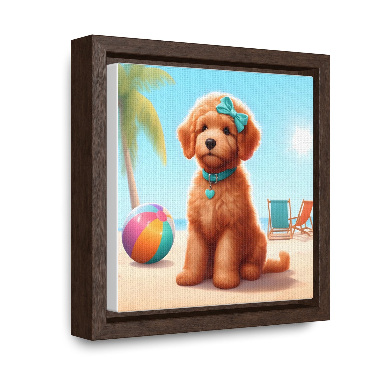 Doodle Puppy on Beach - Wooden Gallery Canvas Picture, Square Frame! Nice!