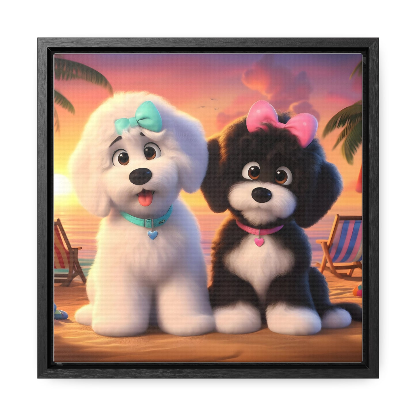 Doodle Puppies on Beach, Cartoon Inspired - Wooden Gallery Canvas Picture - Square Frame - Nice!