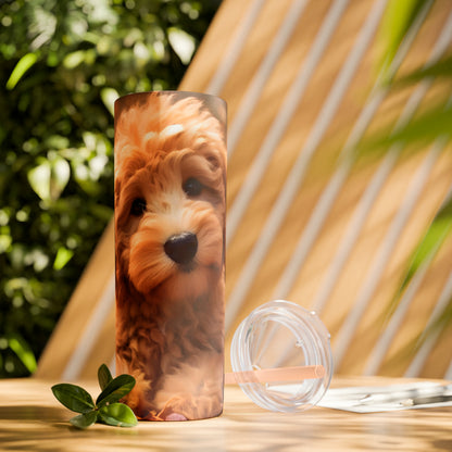 Fall Adorable Doodle Puppy Skinny Tumbler with Straw, 20oz