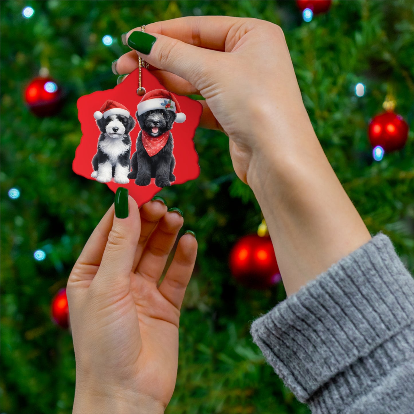 Christmas Black, Black & White Doodle Ceramic Ornament, 4 Shapes