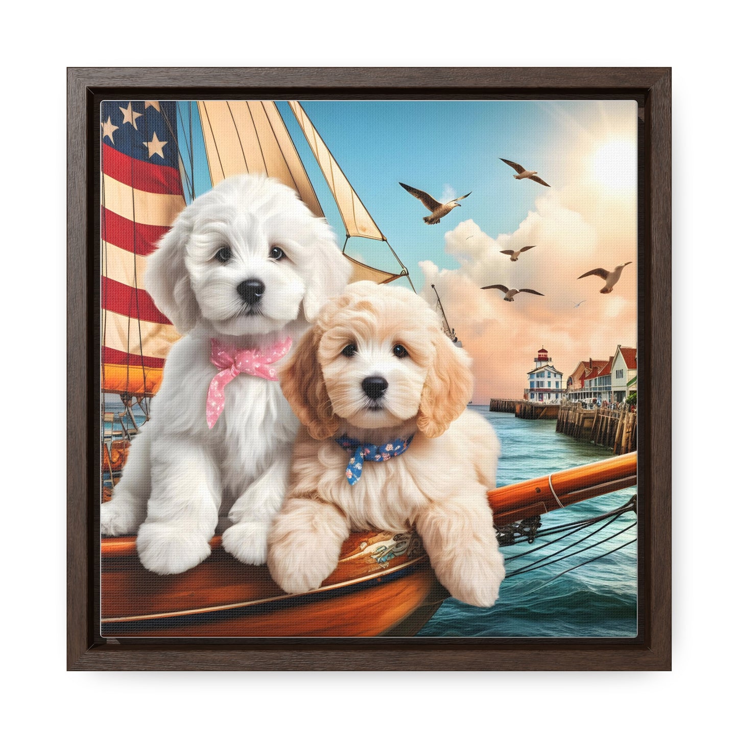 Doodles on Sailboat w/Sunset - Wooden Gallery Canvas Picture - Square Frame - Nice!