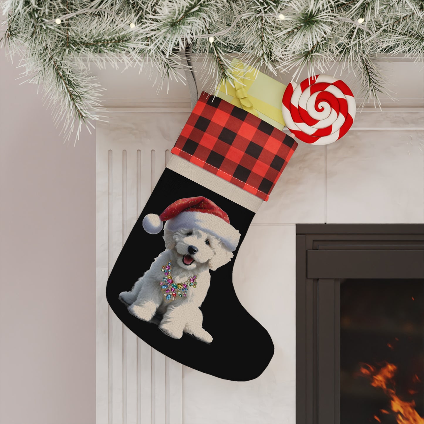 White Doodle Puppy Christmas Stocking