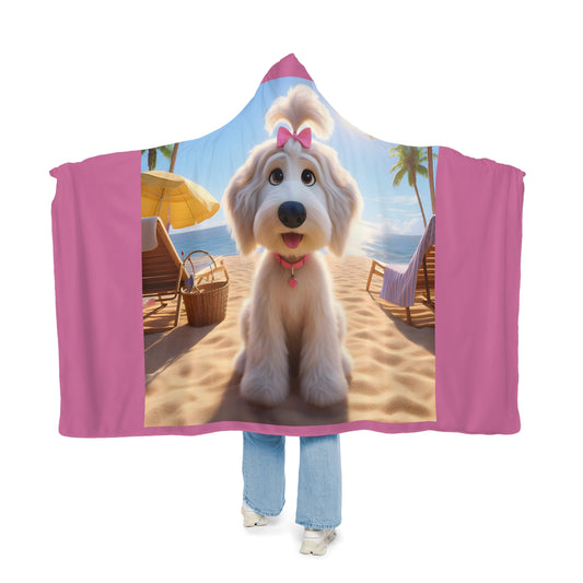 White Doodle Puppy Cartoon Inspired w/Pink Bow Hooded Snuggle Blanket