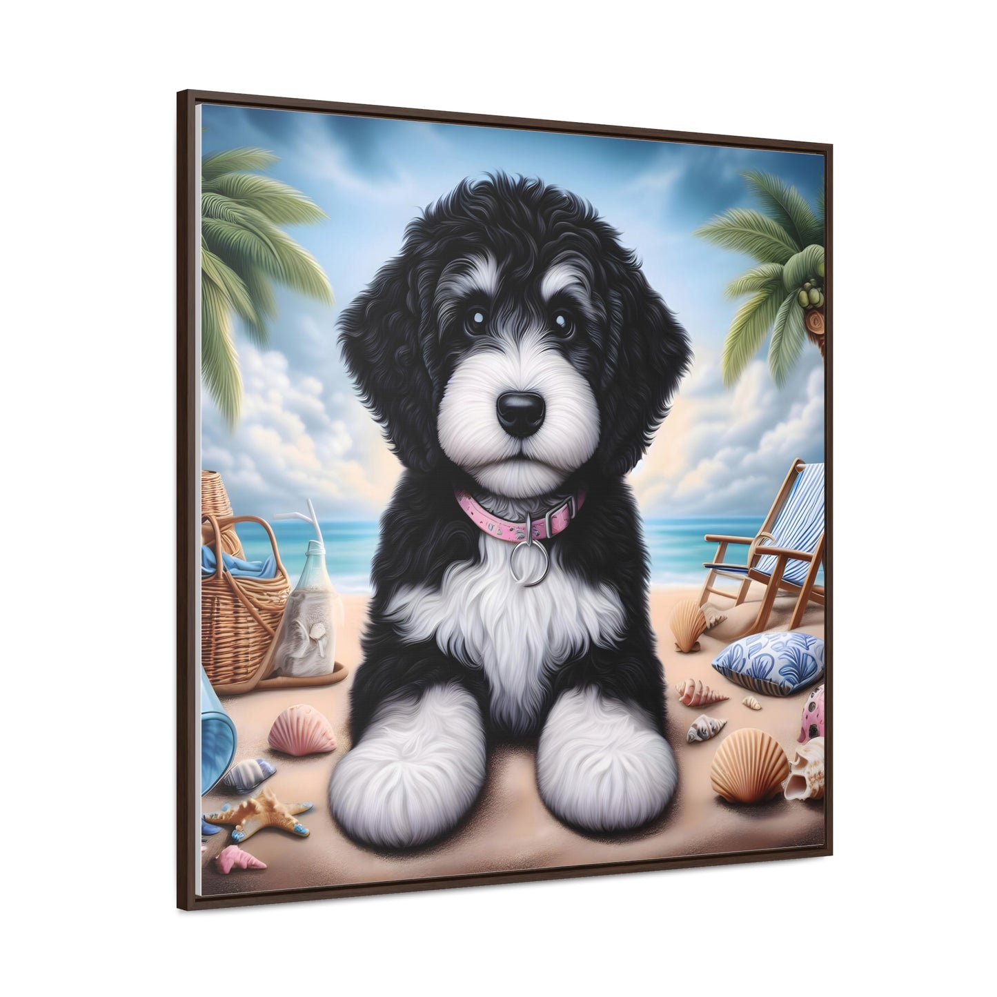 Black & White Doodle Puppy on Beach - Wooden Gallery Canvas Picture - Square Frame - Nice!